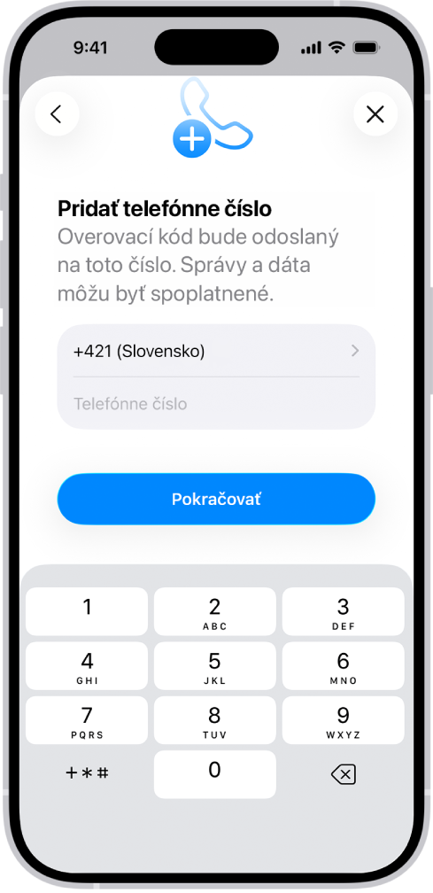 Obrazovka Pridať telefónne číslo v Nastaveniach.