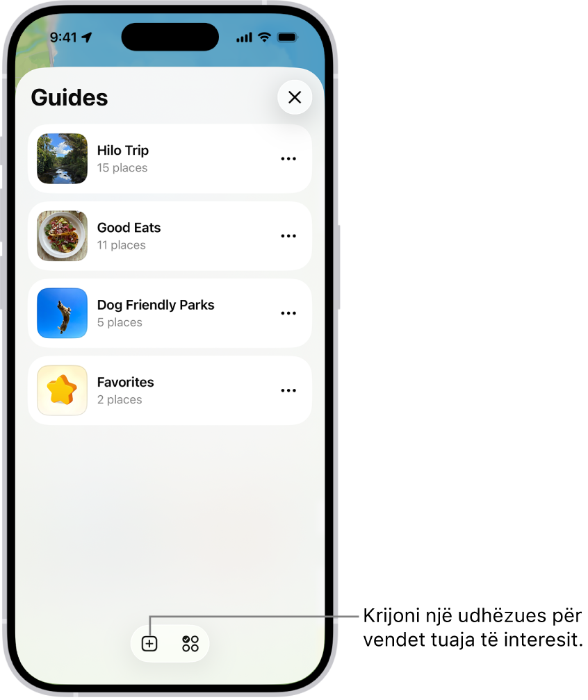 Një listë me disa udhëzues të personalizuar në Maps, duke përfshirë një kategori të Favorites dhe butonin New Guide në fund djathtas.