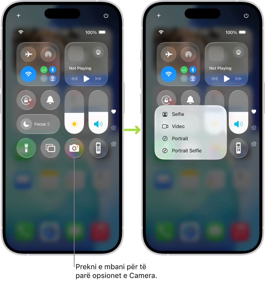Dy ekrane të Control Center krah për krah - ai në të majtë tregon kontrollet për Airplane Mode, të dhënat celulare, Wi-Fi dhe Bluetooth në grupin lart majtas. Ikona për Camera shfaqet poshtë djathtas. Ekrani në të djathtë tregon më shumë opsione në menynë Quick Actions për Camera: Selfie, Video, Portrait dhe Portrait Selfie.
