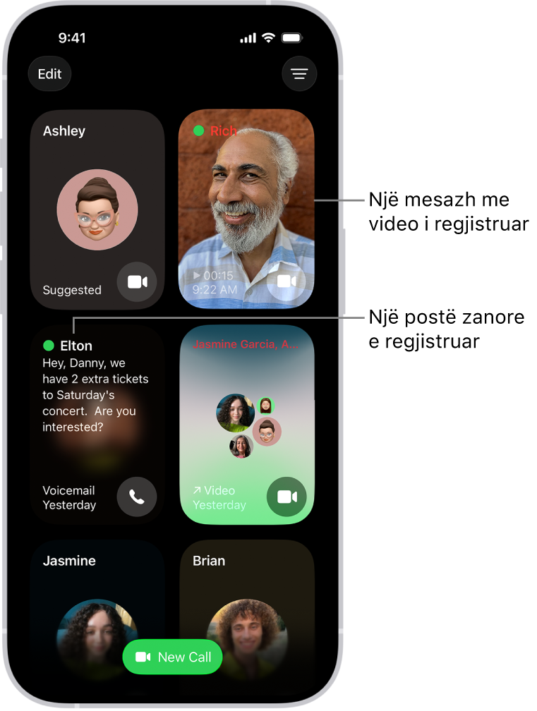 Historiku i telefonatave FaceTime, që tregon një kontakt të sugjeruar, një mesazh me video të regjistruar, një mesazh zanor dhe një telefonatë me video në grup në FaceTime.