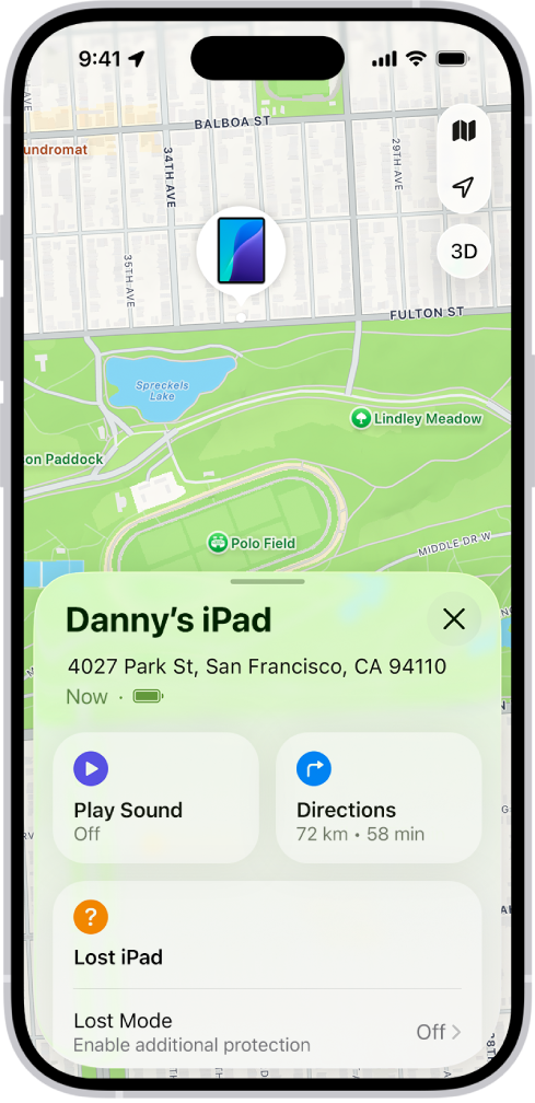 Екран Find My на ком је приказана локација iPad-а на мапи при врху екрана.