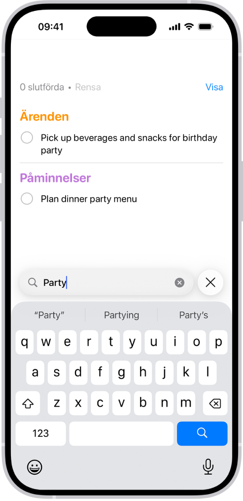 Sökträffar i appen Påminnelser visar uppgifter som innehåller ordet ”fest”.