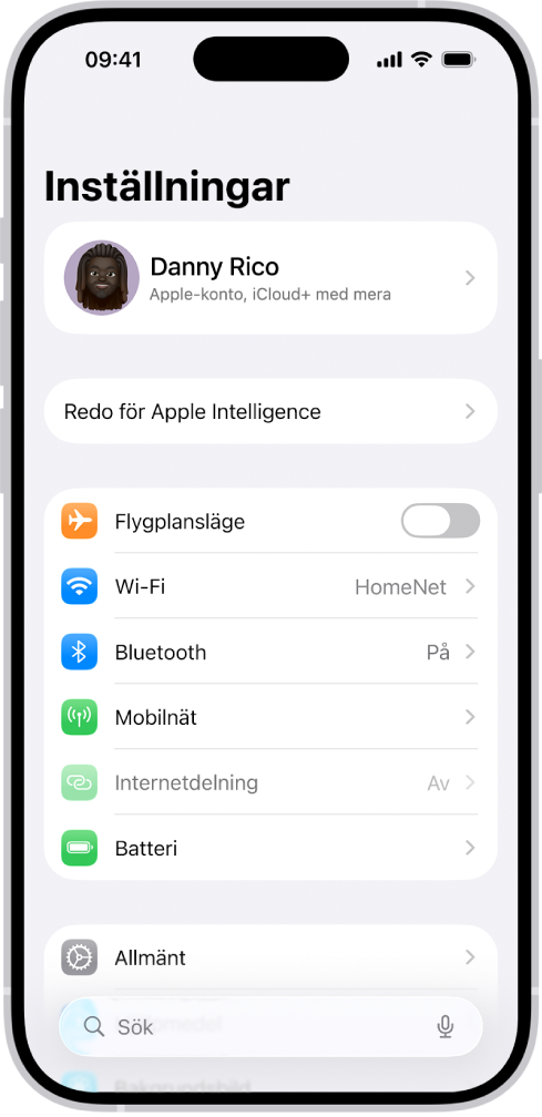 Skärmen med Inställningar med sökfältet överst och flera inställningar nedanför, till exempel Wi-Fi, Notiser och Ljud och haptik.
