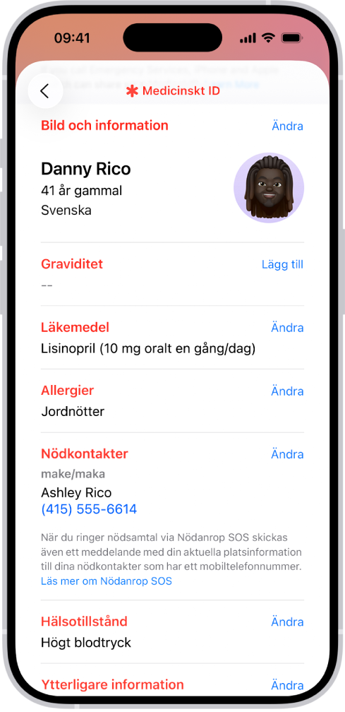En skärm för medicinskt ID som innehåller information om födelsedatum, läkemedel, allergier, nödkontakter och hälsotillstånd.