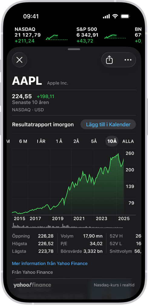 I mitten av skärmen visar ett diagram utvecklingen för en aktie under loppet av 10 år. Ovanför diagrammet finns en notis om att företaget planerar att publicera sin resultatrapport nästa dag med en knapp för att lägga till den aktiviteten i Kalender.