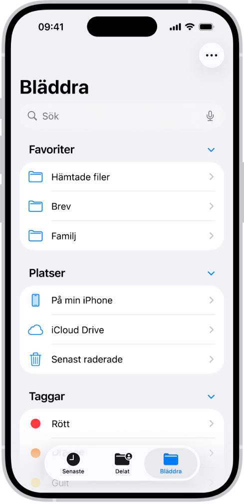 Appen Filer visar flera mappar och platser med namnen Hämtningar, Brev, Familj och så vidare. Längst ned på skärmen finns knappar för Senaste filer, Delade filer och fliken Bläddra.