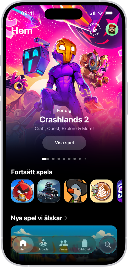 Appen Spel med fliken Hem som visar ett specialevenemang, spel att fortsätta spela och nya releaser.