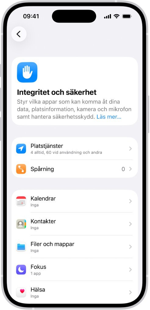 Skärmen Integritet och säkerhet i Inställningar.