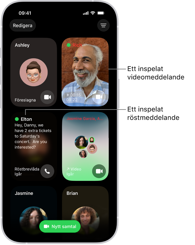 Samtalshistoriken i FaceTime visar en föreslagen kontakt, ett inspelat videomeddelande, ett röstmeddelande och ett FaceTime-videogruppsamtal.