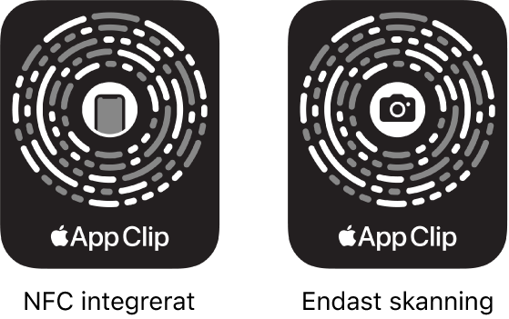 Till vänster finns en NFC-integrerad kod för appklipp med en iPhone-symbol i mitten. Till höger finns en NFC-kod som endast går att skanna med en kamerasymbol i mitten.