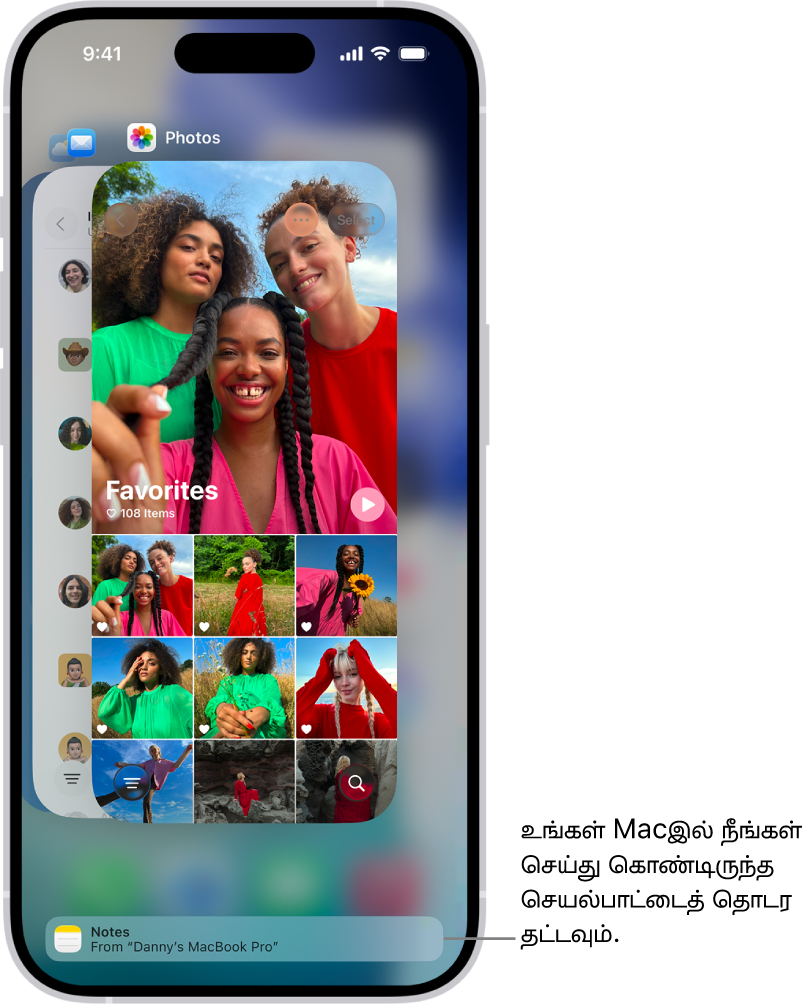 iPhoneஇல் உள்ள செயலி மாற்றியில், திரையின் கீழ்ப்பகுதியில் Handoff அறிவிப்புகள் காட்டப்பட்டுள்ளன.