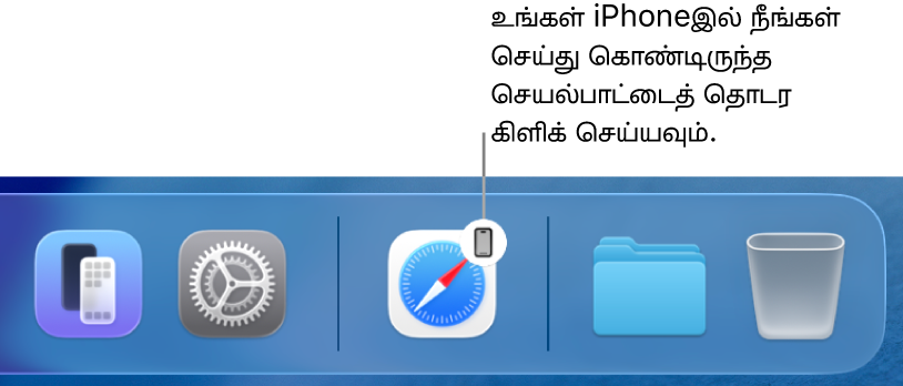Mac Dockஇல் Handoff ஐகான் காட்டப்பட்டுள்ளது.