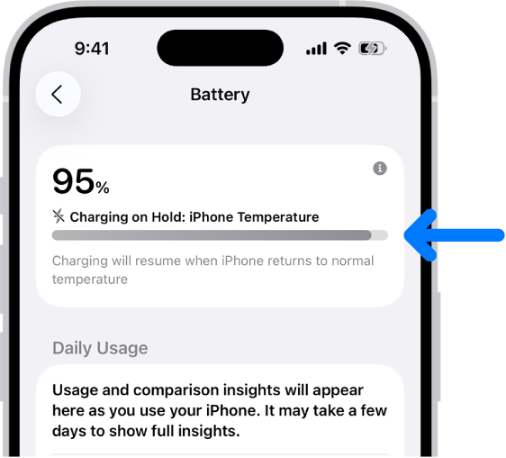 iPhone బ్యాటరీ సెట్టింగ్లలో ఛార్జింగ్ సమాచారం కార్డ్. “ఛార్జింగ్ ఆన్ హోల్డ్” సందేశంతో 95% బ్యాటరీని చూపుతుంది: iPhone ఉష్ణోగ్రత. iPhone ఉష్ణోగ్రత సాధారణ స్థితికి చేరుకున్నప్పుడు ఛార్జింగ్ తిరిగి ప్రారంభమవుతుందని కింద ఉన్న నోట్ సూచిస్తుంది.