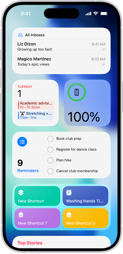 రిమైండర్స్, ఫోటోస్, బ్యాటరీ, క్యాలెండర్, టిప్స్ విడ్జెట్‌లు ఇంకా మరెన్నింటితో సహా, టుడే వ్యూలో కనిపించే విడ్జెట్‌లు. దానిని మీ హోమ్ స్క్రీన్‌కు జోడించడానికి ఒకదాన్ని ట్యాప్ చేయండి.