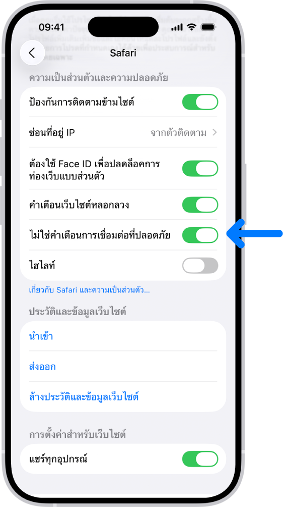 ตัวควบคุมคำเตือนการเชื่อมต่อไม่ปลอดภัยที่อยู่ด้านล่างความเป็นส่วนตัวและความปลอดภัยบนหน้าจอ Safari ในการตั้งค่า