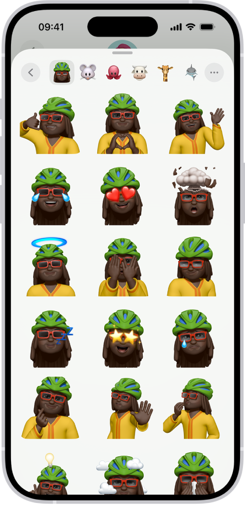 เมนูเปิดอยู่ในการสนทนาในแอปข้อความ โดยแสดง Memoji ในท่าทางต่างๆ
