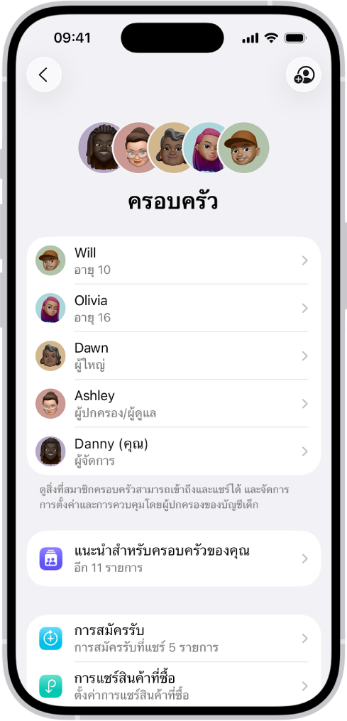 หน้าจอการแชร์กันในครอบครัวในการตั้งค่า สมาชิกครอบครัวห้าคนแสดงอยู่ ที่ด้านล่างชื่อของสมาชิกครอบครัวคือเช็คลิสต์ครอบครัว และถัดลงมาคือตัวเลือกการสมัครรับและการแชร์สินค้าที่ซื้อ