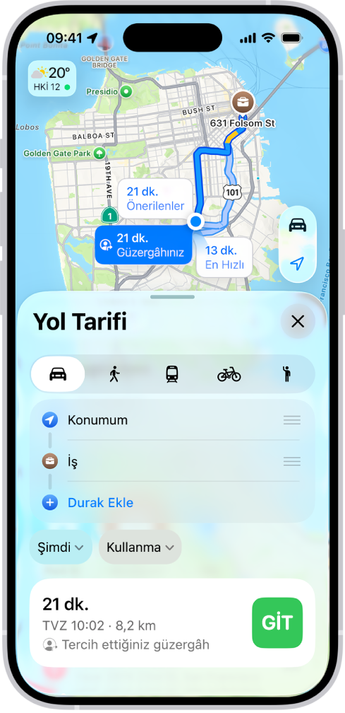 Aynı hedefe sürüş için birçok güzergâh seçeneği içeren bir haritayı gösteren bir iPhone. Her güzergâhta tahmini süre ve mesafe ile birlikte adım adım yol tarifini başlatmak için bir Git düğmesi gösteriliyor. Her güzergâhtaki renk kodlamaları trafik koşullarını belirtiyor.