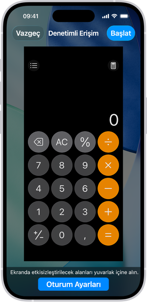 Denetimli Erişim’in ayarlandığını gösteren bir iPhone ekranı. iPhone geçici olarak yalnızca Hesap Makinesi uygulamasına kilitleniyor ve uygulamadaki düğmelerden biri etkisizleştirilmiş.