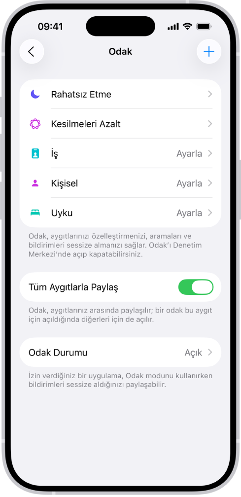 Sağlanan dört Odak seçeneğini (Rahatsız Etme, Kişisel, Uyku ve İş) gösteren bir ekran. Tüm Aygıtlarla Paylaş düğmesi, aynı Apple Hesabı’na giriş yaptığınız Apple aygıtlarınızın tümünde aynı Odak ayarlarını kullanmanızı sağlar.