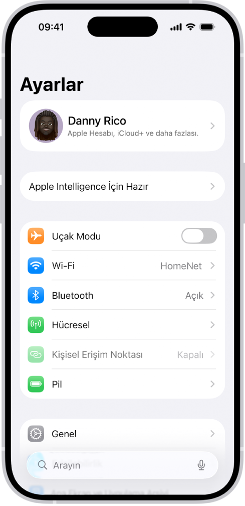 En üstte arama alanı ve alt tarafta Wi-Fi, Bildirimler, Ses ve Dokunuş gibi birçok ayarın bulunduğu Ayarlar ekranı.