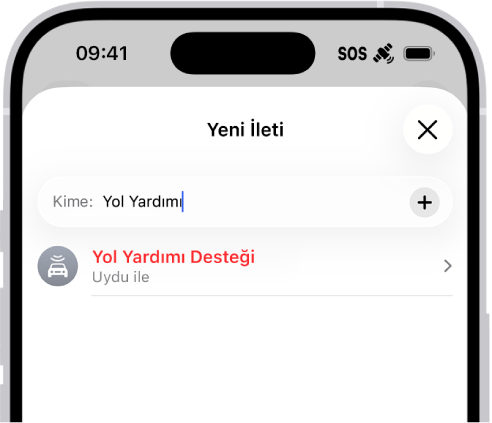 “Yol yardımına” göndeirlen yeni bir mesaj. Onun altında uydu üzerinden Yol Yardımı Desteği için bir bağlantı var.