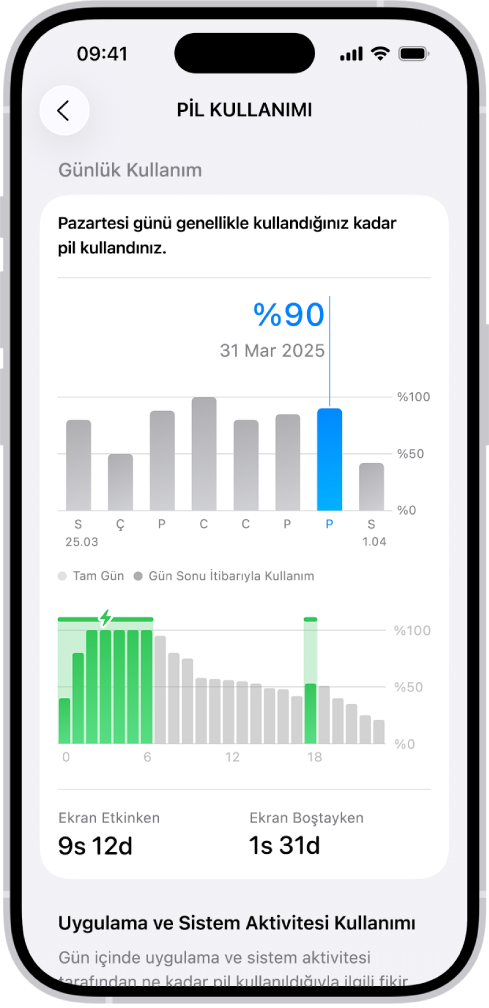 iPhone’daki Ayarlar’da Pil Kullanımı ekranı. İki grafik gösteriyor: Üstteki grafik geçen haftanın günlük pil kullanımını görüntülüyor, alttaki grafik ise şarj dönemleri de dahil seçili gün boyunca pil düzeyini ayrıntılandırıyor. Grafiklerin altında, toplam ekran etkin ve ekran boşta sürelerini özetliyor.