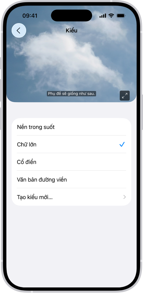 Một iPhone đang hiển thị ví dụ về phụ đề có kiểu tùy chỉnh.