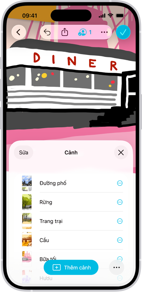 Một bảng Freeform có Trình điều hướng cảnh đang mở và một số cảnh được lưu.