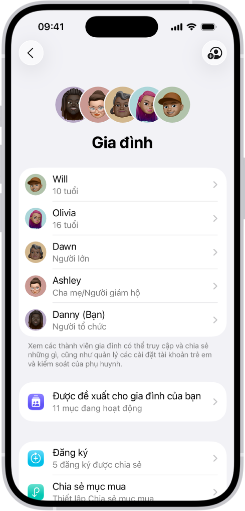 Màn hình Chia sẻ trong gia đình trong Cài đặt. Năm thành viên gia đình được liệt kê. Bên dưới tên của họ là Checklist gia đình và bên dưới đó là các tùy chọn Đăng ký và Chia sẻ mục mua.