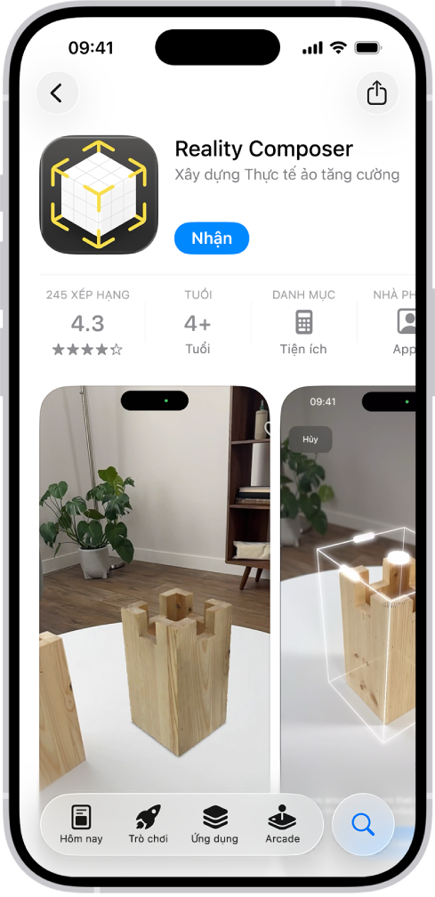 Trang thông tin cho một ứng dụng trong App Store. Trang này hiển thị nút Nhận, xếp hạng, giới hạn tuổi, nhà phát triển, ảnh màn hình, v.v. Ở dưới cùng, từ trái sang phải, có các nút sau đây: Hôm nay, Trò chơi, Ứng dụng, Arcade và Tìm kiếm.
