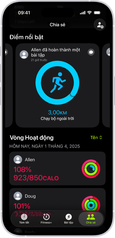Màn hình Chia sẻ của Thể dục, với các vòng hoạt động và điểm nổi bật hoạt động được chia sẻ giữa một người và bạn bè của họ.