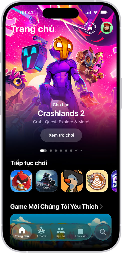 Ứng dụng Apple Games đang hiển thị tab Trang chủ, trong đó hiển thị các trò chơi để tiếp tục chơi và các bản phát hành mới.