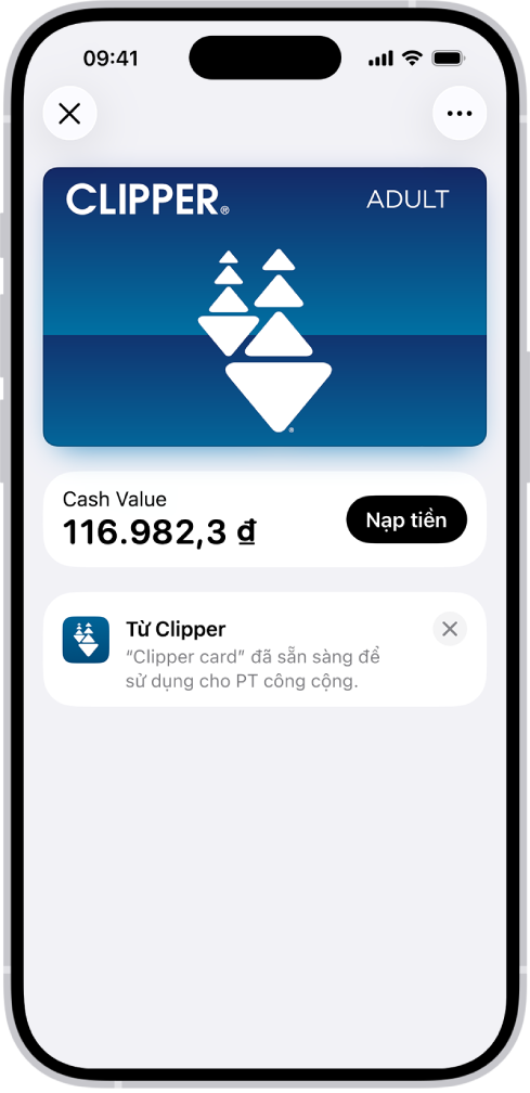 Một thẻ phương tiện công cộng trong ứng dụng Ví. Bên dưới thẻ là số dư, bên cạnh nút Nạp tiền.