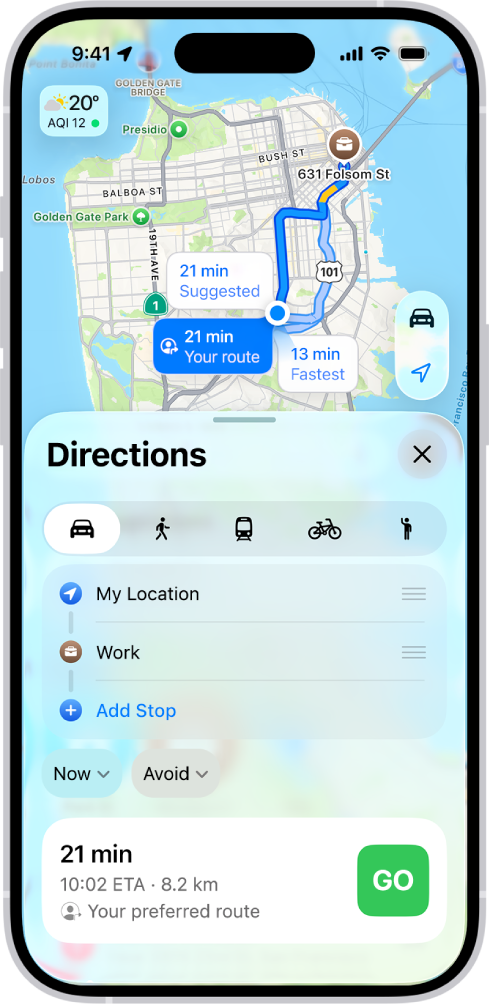 iPhone 顯示一個地圖,其中包括多條前往相同目的地的駕駛路線選項。每條路線都顯示預計時間和距離,以及開啟逐步導航路線的「開始」按鈕。每條路線上的色彩編碼代表交通狀況。