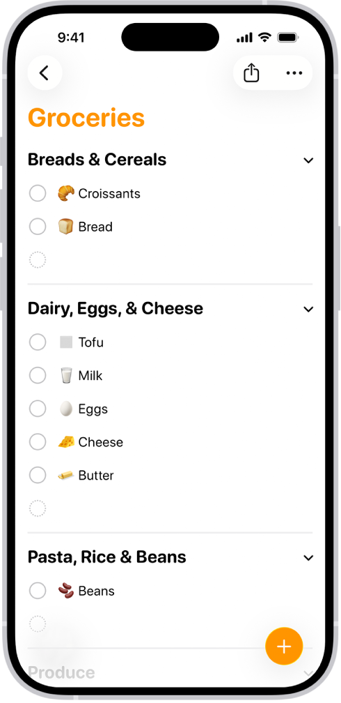「提醒事項」App 顯示一份購物清單,其中的項目位於「農產品」和「海鮮」等類別中。