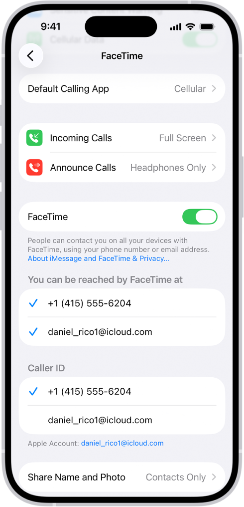 FaceTime 的「設定」畫面,顯示「預設通話 App」選項、開啟或關閉 FaceTime 的控制項目,以及用於 FaceTime 的 Apple 帳户。