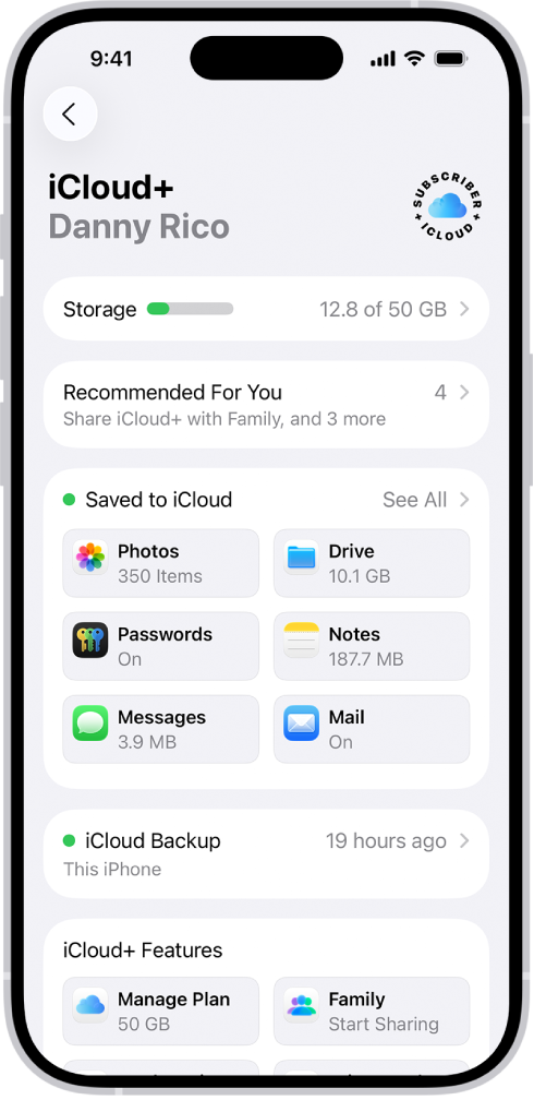 iCloud 設定畫面顯示 iCloud 儲存空間測量器,以及 App 及功能列表。