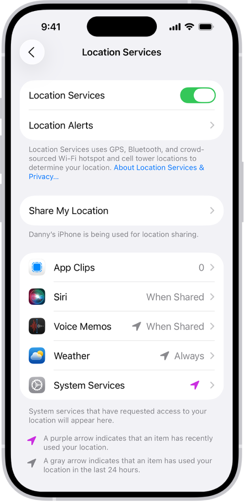 「定位服務」畫面,其中包括與 App 分享 iPhone 位置的設定。