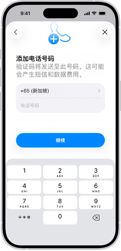 “设置”中的“添加电话号码”屏幕。