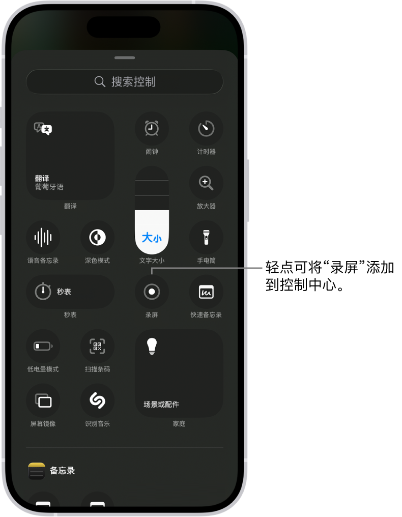 屏幕显示可添加至控制中心的控制。“录屏”控制位于中央附近。