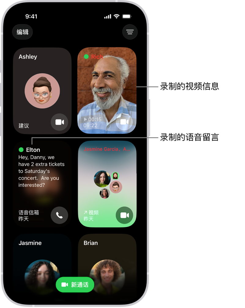 FaceTime 通话记录显示建议的联系人、录制的视频信息、语音留言和 FaceTime 视频群聊。