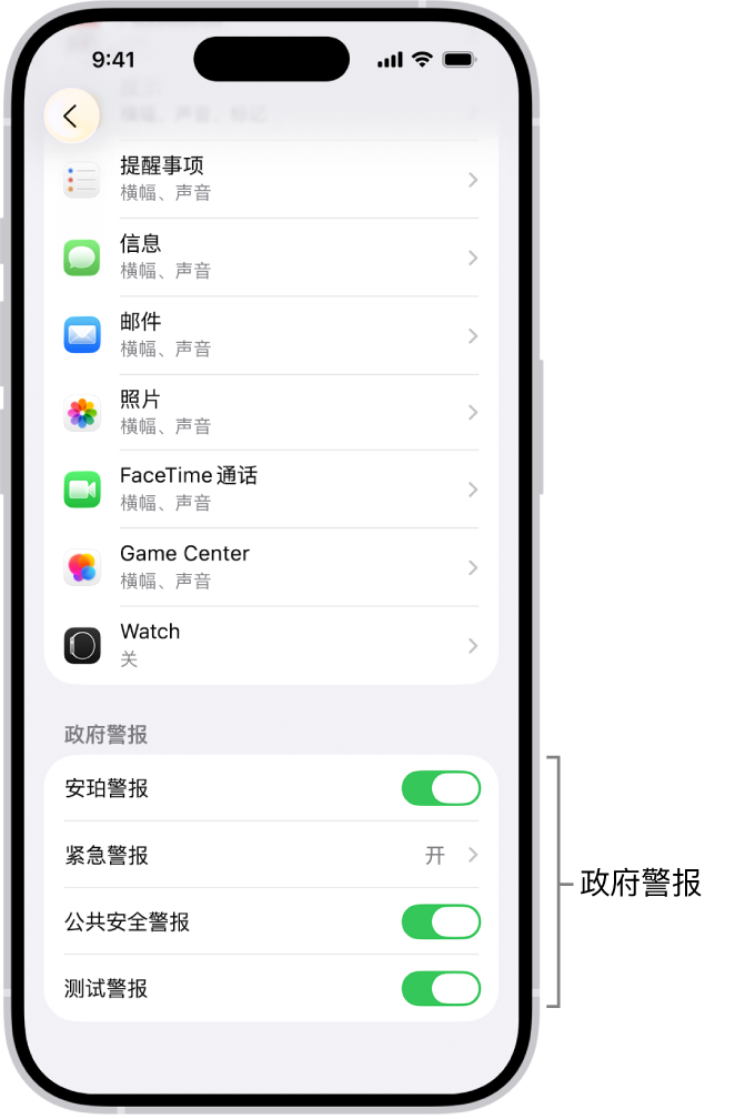 显示“政府警报”的“通知”屏幕,你可以打开它以接收政府警报。