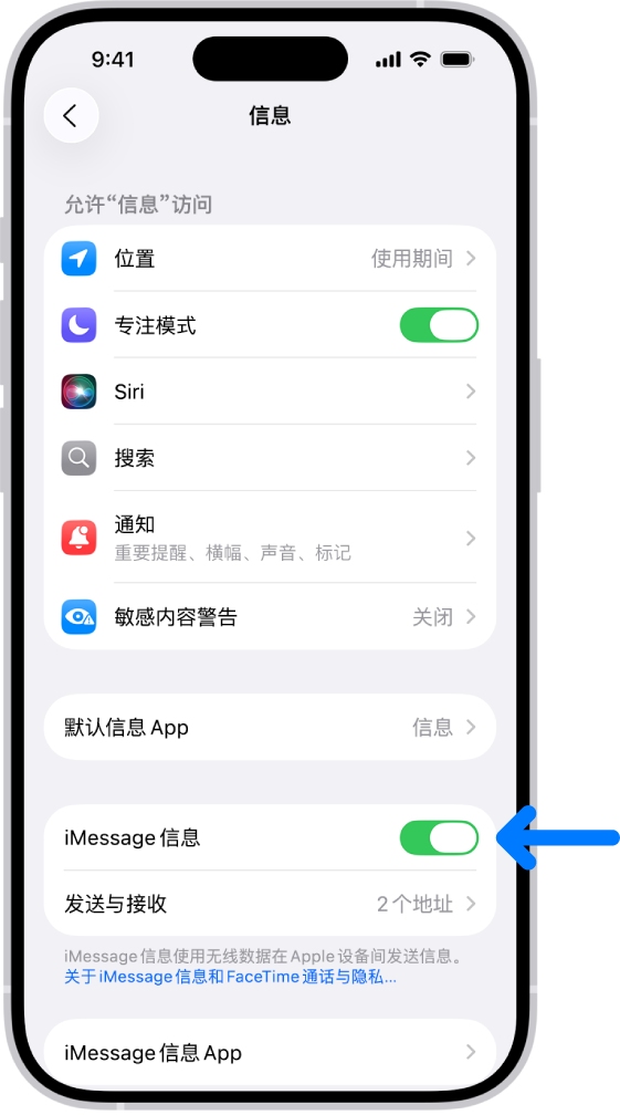 “信息”设置面板中的“iMessage 信息”已打开。