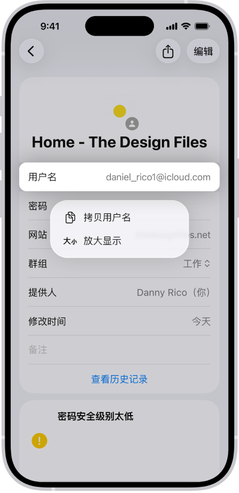 账户屏幕显示高亮标记的用户名，以及“拷贝用户名”和“放大显示”选项。