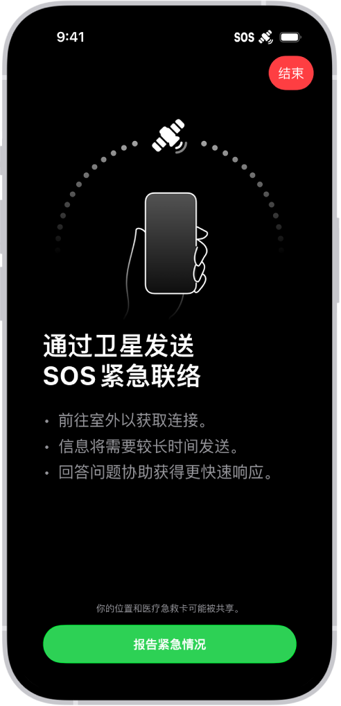 “SOS 紧急联络”屏幕，显示电话已经接通，正指示用户保持对准卫星。“报告紧急情况”按钮位于屏幕底部。