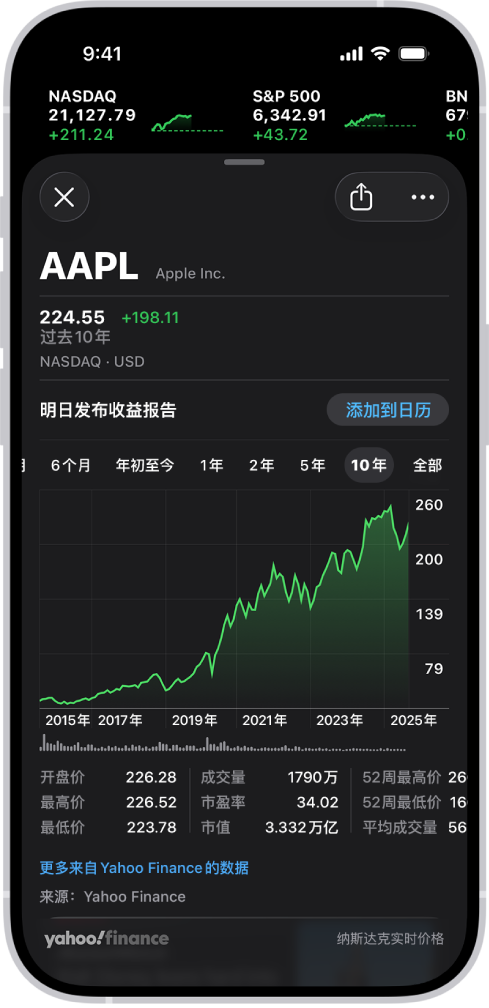 在屏幕中间,图表显示股票 10 年来的表现。图表上方的通知显示公司计划在第二天分享其收益报告,还带有可将该日程添加至“日历”的按钮。