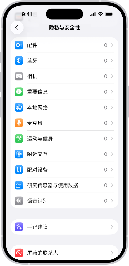 “隐私与安全性”屏幕，显示用于控制 App 可否使用 iPhone 相机、麦克风及其他部分的设置。