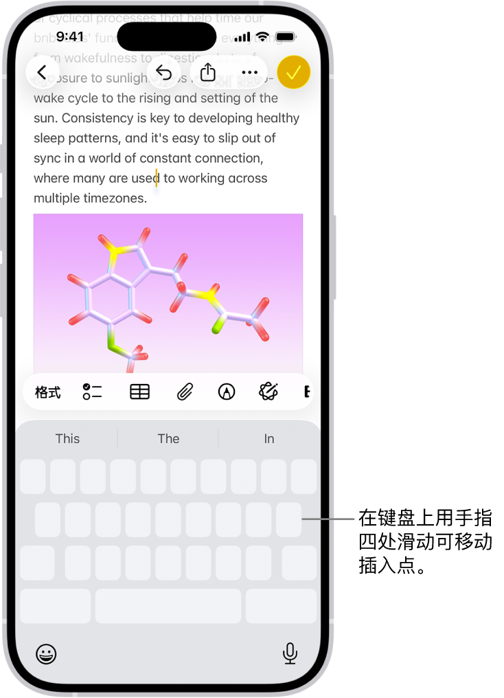 “备忘录” App 中打开的文稿。位于屏幕下半部分的屏幕键盘处于触控板模式。