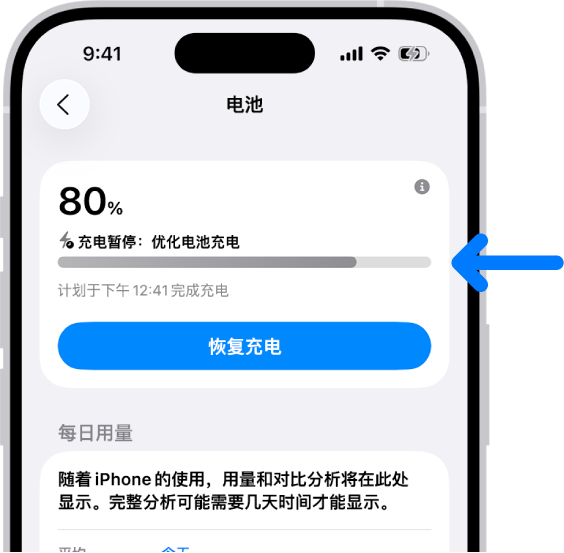 iPhone “电池”设置中的充电信息卡片。卡片显示电量 80%,以及信息“充电暂停:优化电池充电。”预计下午 12:41 完成充电,并带有“恢复充电”选项。